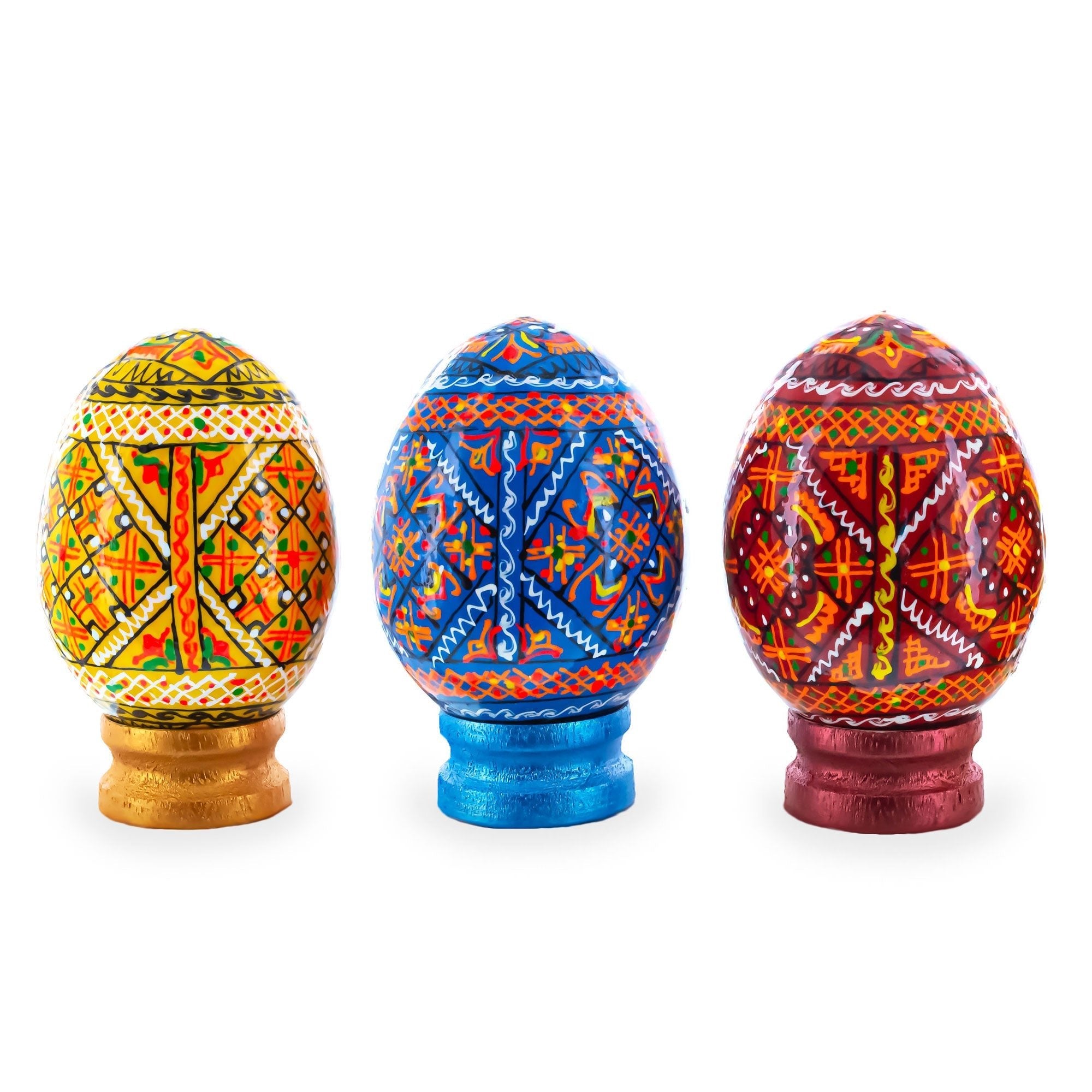 Set of 3 Colorful Geometric Ukrainian Pysanky Wooden Easter Eggs with Stands Easter Eggs > Wooden Pysanky Sets La Vie Bien Set of 3 Colorful Geometric Ukrainian Pysanky Wooden Easter Eggs with Stands
