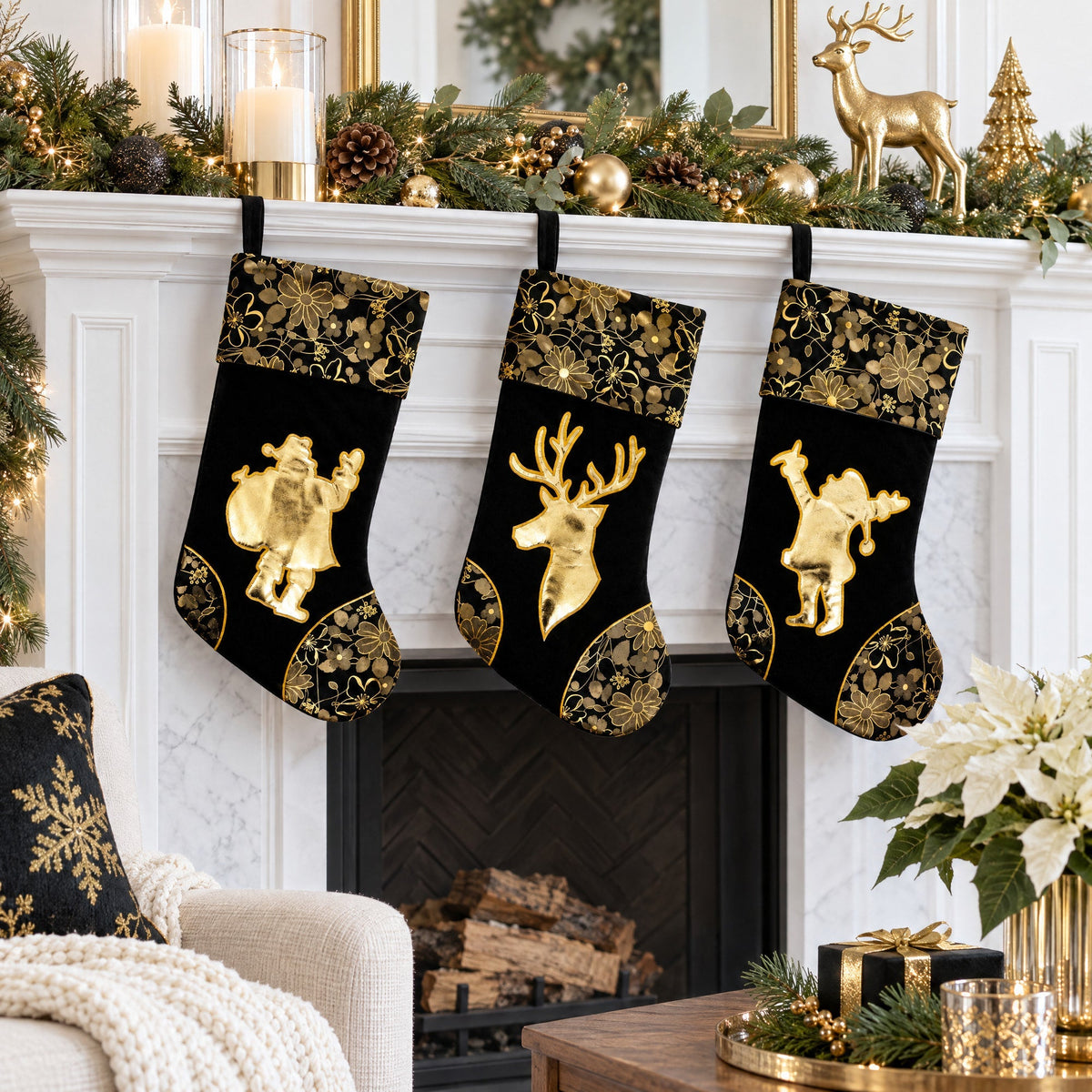 Set of 3 Felt Santa, Reindeer Christmas Stockings 16 Inches Christmas Decor > Christmas Stockings La Vie Bien Set of 3 Felt Santa, Reindeer Christmas Stockings 16 Inches
