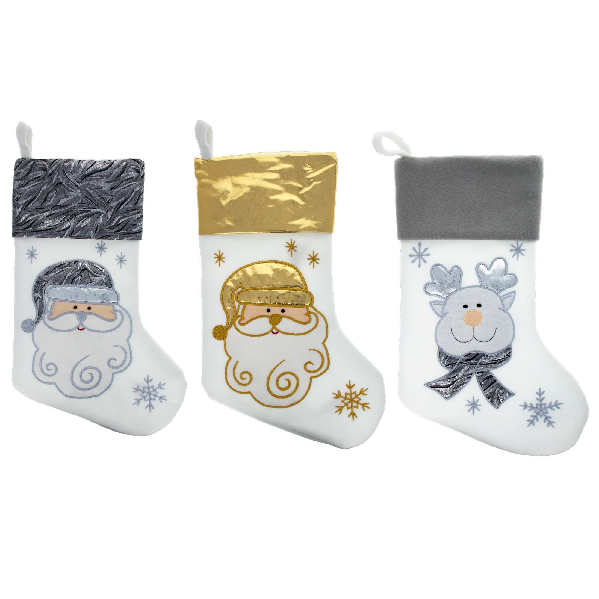 Set of 3 Gold and Silver, on White Felt Santa, Reindeer Christmas Stockings 15 Inches Christmas Decor > Christmas Stockings La Vie Bien Set of 3 Gold and Silver, on White Felt Santa, Reindeer Christmas Stockings 15 Inches