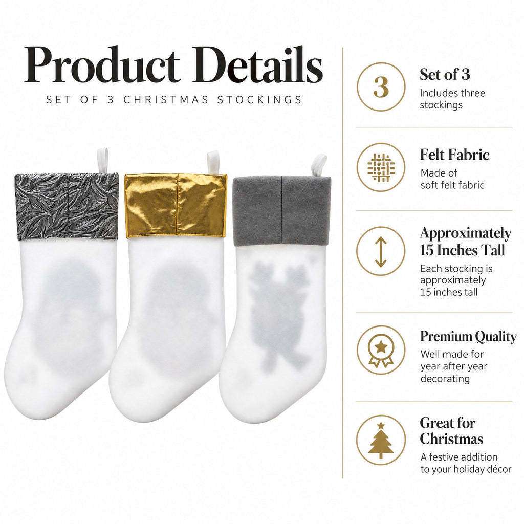 Set of 3 Gold and Silver, on White Felt Santa, Reindeer Christmas Stockings 15 Inches Christmas Decor > Christmas Stockings La Vie Bien Set of 3 Gold and Silver, on White Felt Santa, Reindeer Christmas Stockings 15 Inches