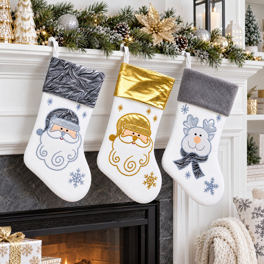Set of 3 Gold and Silver, on White Felt Santa, Reindeer Christmas Stockings 15 Inches Christmas Decor > Christmas Stockings La Vie Bien Set of 3 Gold and Silver, on White Felt Santa, Reindeer Christmas Stockings 15 Inches