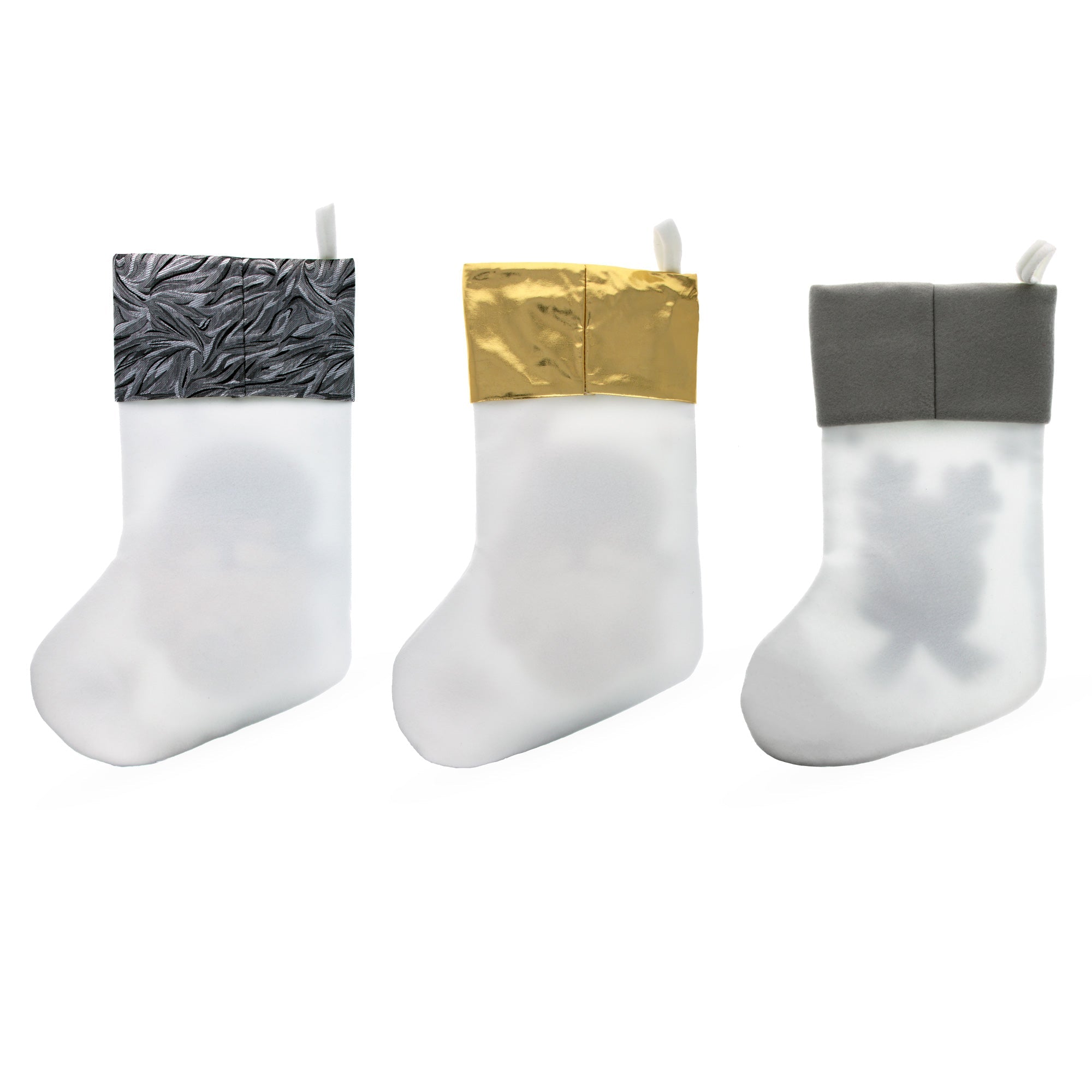 Set of 3 Gold and Silver, on White Felt Santa, Reindeer Christmas Stockings 15 Inches Christmas Decor > Christmas Stockings La Vie Bien Set of 3 Gold and Silver, on White Felt Santa, Reindeer Christmas Stockings 15 Inches