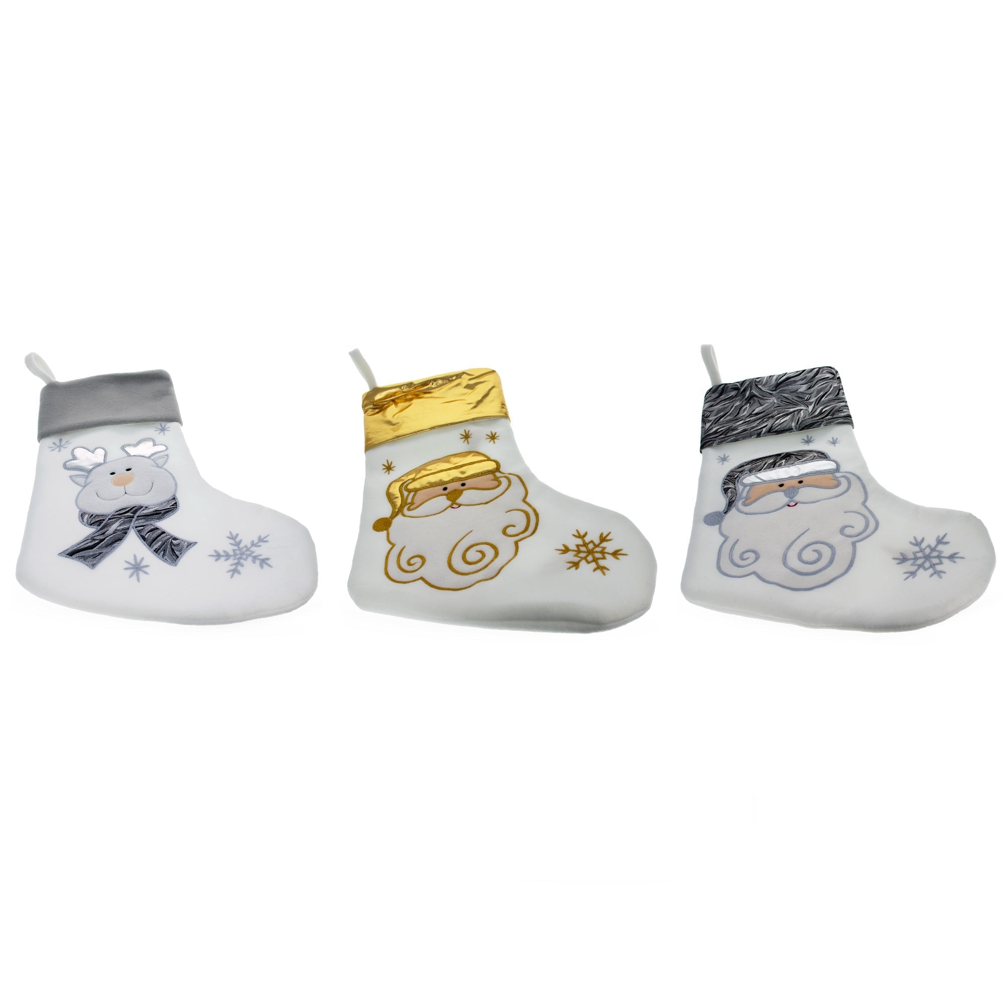 Set of 3 Gold and Silver, on White Felt Santa, Reindeer Christmas Stockings 15 Inches Christmas Decor > Christmas Stockings La Vie Bien Set of 3 Gold and Silver, on White Felt Santa, Reindeer Christmas Stockings 15 Inches