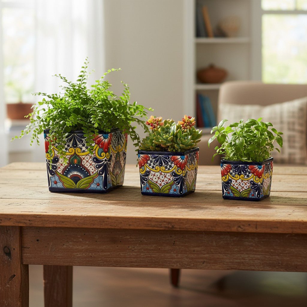 Set of 3 Hand-Painted Talavera Square Planters Set | Colorful Floral Pots Talavera Flower Pot La Vie Bien Set of 3 Hand-Painted Talavera Square Planters Set | Colorful Floral Pots