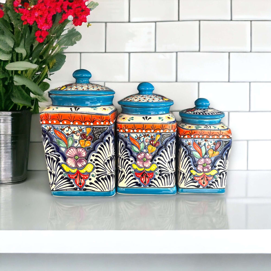 Set of 3 Light Blue Talavera Canister Set | Handmade Mexican Pottery from Puebla Talavera Canister Set La Vie Bien Set of 3 Light Blue Talavera Canister Set | Handmade Mexican Pottery from Puebla