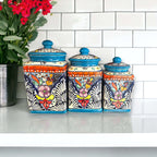 Set of 3 Light Blue Talavera Canister Set | Handmade Mexican Pottery from Puebla Talavera Canister Set La Vie Bien Set of 3 Light Blue Talavera Canister Set | Handmade Mexican Pottery from Puebla