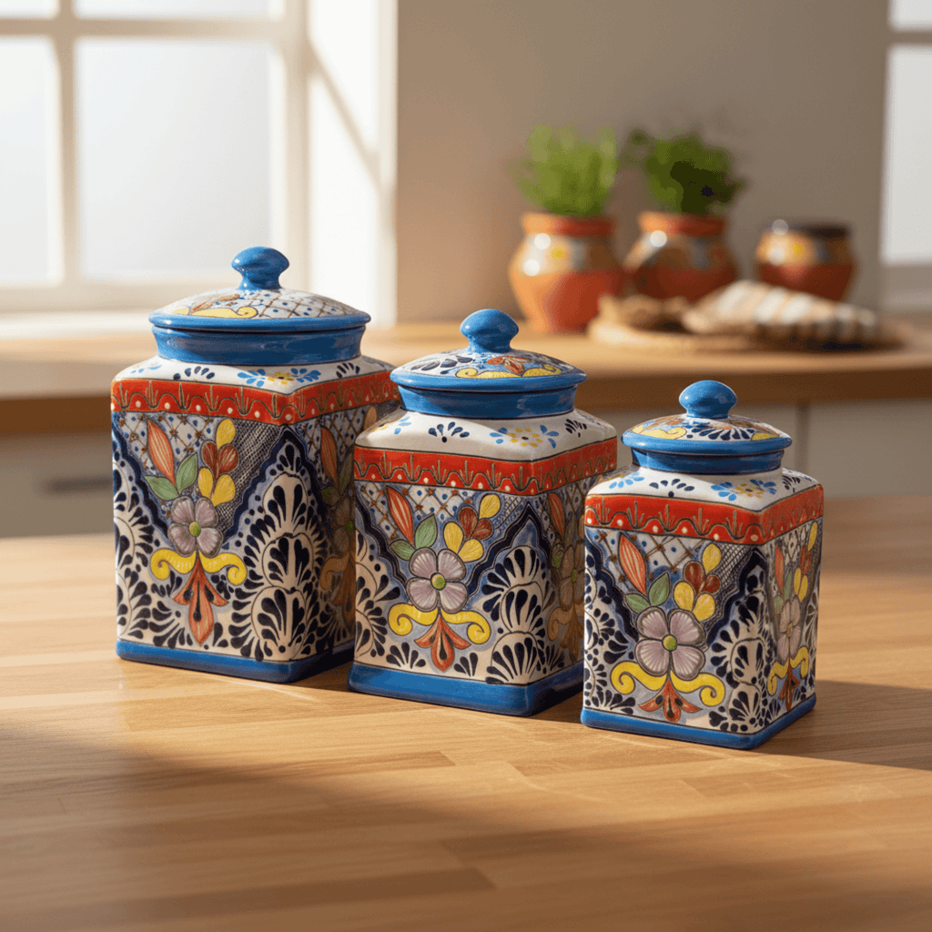 Set of 3 Light Blue Talavera Canister Set | Handmade Mexican Pottery from Puebla Talavera Canister Set La Vie Bien Set of 3 Light Blue Talavera Canister Set | Handmade Mexican Pottery from Puebla