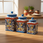 Set of 3 Light Blue Talavera Canister Set | Handmade Mexican Pottery from Puebla Talavera Canister Set La Vie Bien Set of 3 Light Blue Talavera Canister Set | Handmade Mexican Pottery from Puebla