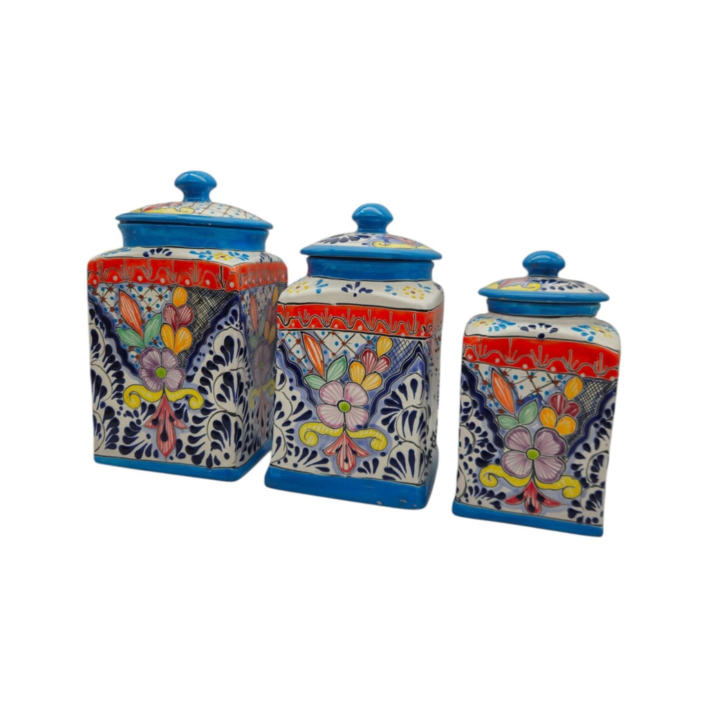 Set of 3 Light Blue Talavera Canister Set | Handmade Mexican Pottery from Puebla Talavera Canister Set La Vie Bien Set of 3 Light Blue Talavera Canister Set | Handmade Mexican Pottery from Puebla