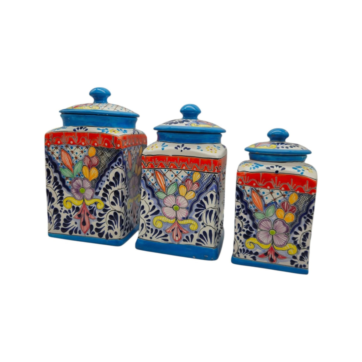 Set of 3 Light Blue Talavera Canister Set | Handmade Mexican Pottery from Puebla Talavera Canister Set La Vie Bien Set of 3 Light Blue Talavera Canister Set | Handmade Mexican Pottery from Puebla