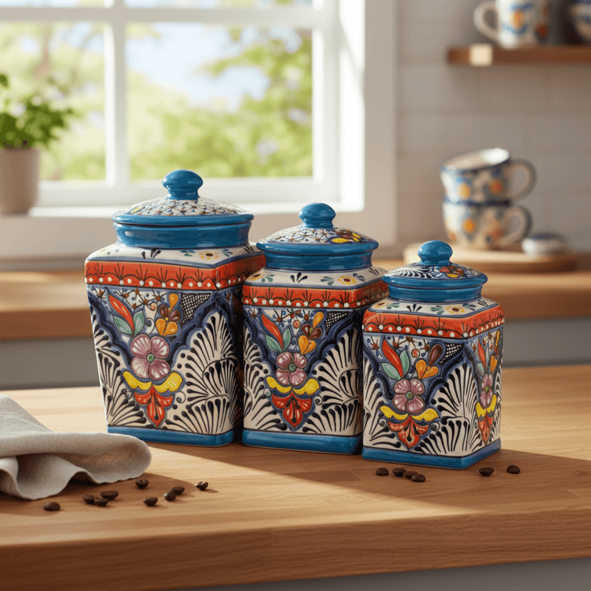 Set of 3 Light Blue Talavera Canister Set | Handmade Mexican Pottery from Puebla Talavera Canister Set La Vie Bien Set of 3 Light Blue Talavera Canister Set | Handmade Mexican Pottery from Puebla