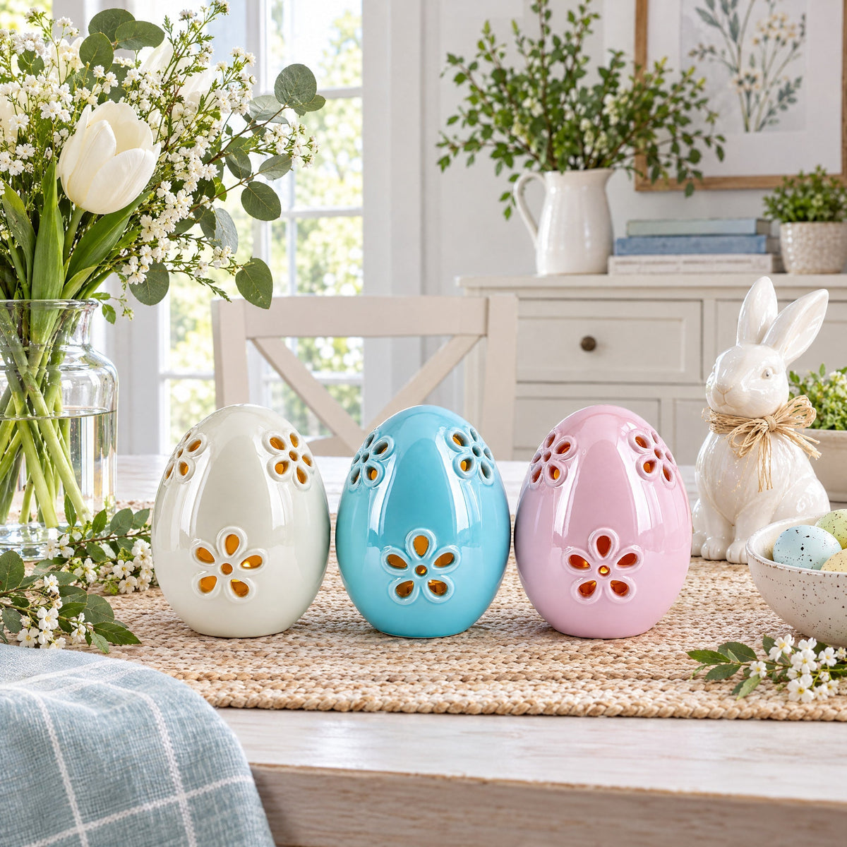 Set of 3 Pearlized Ceramic Easter Egg Lanterns Easter Eggs > Ceramic La Vie Bien Set of 3 Pearlized Ceramic Easter Egg Lanterns