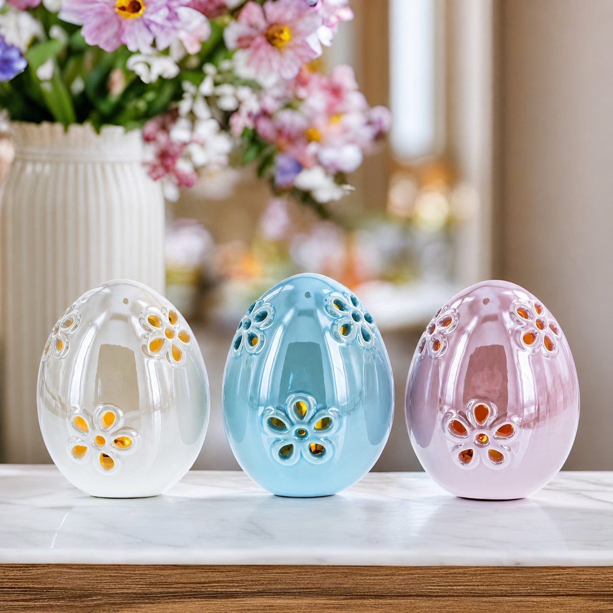 Set of 3 Pearlized Ceramic Easter Egg Lanterns Easter Eggs > Ceramic La Vie Bien Set of 3 Pearlized Ceramic Easter Egg Lanterns
