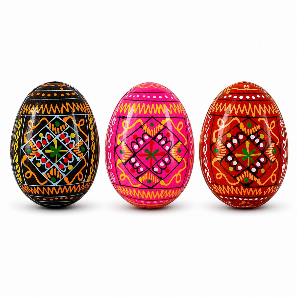 Set of 3 Red Shades Geometric Ukrainian Pysanky Wooden Easter Eggs 2.5 Inches Easter Eggs > Wooden Pysanky Sets La Vie Bien Set of 3 Red Shades Geometric Ukrainian Pysanky Wooden Easter Eggs 2.5 Inches