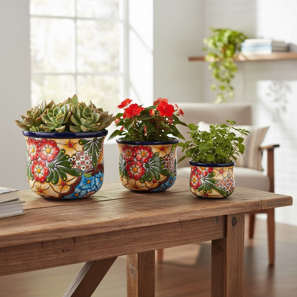 Set of 3 Talavera Flower Pots | Colorful Hand-Painted Mexican Planters Talavera Flower Pot La Vie Bien Set of 3 Talavera Flower Pots | Colorful Hand-Painted Mexican Planters