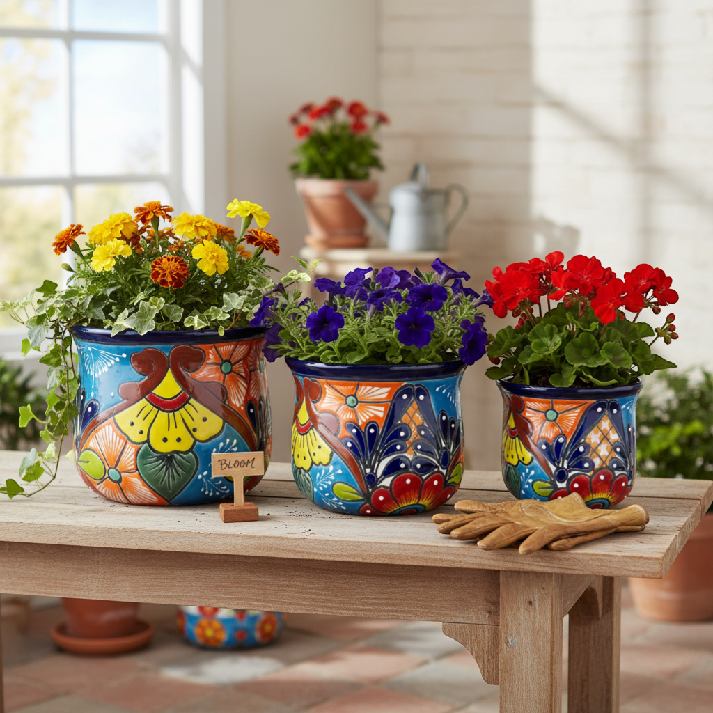 Set of 3 Talavera Flower Pots | Colorful Hand - Painted Mexican Planters Talavera Flower Pot La Vie Bien Set of 3 Talavera Flower Pots | Colorful Hand - Painted Mexican Planters