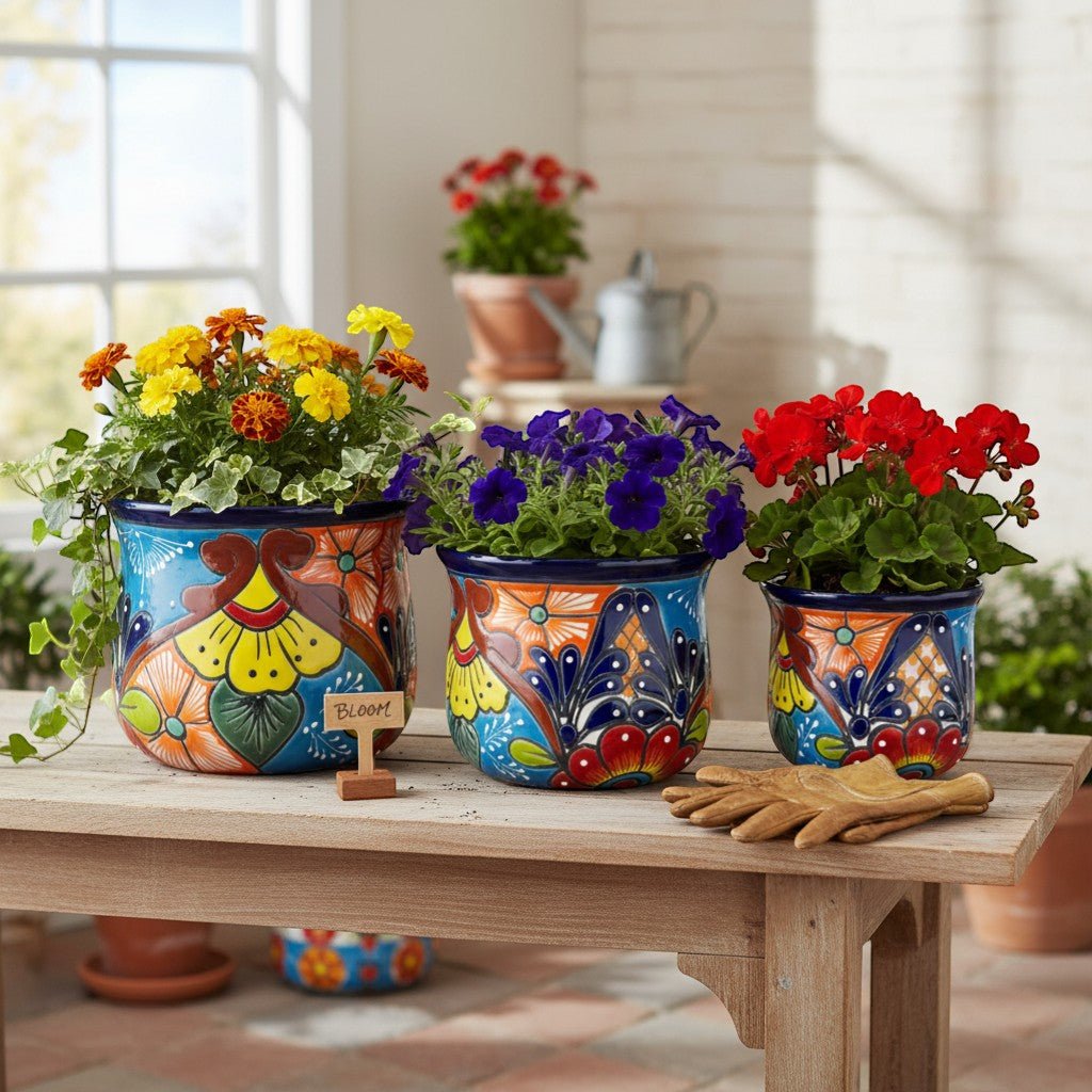 Set of 3 Talavera Flower Pots | Colorful Hand-Painted Mexican Planters Talavera Flower Pot La Vie Bien Set of 3 Talavera Flower Pots | Colorful Hand-Painted Mexican Planters