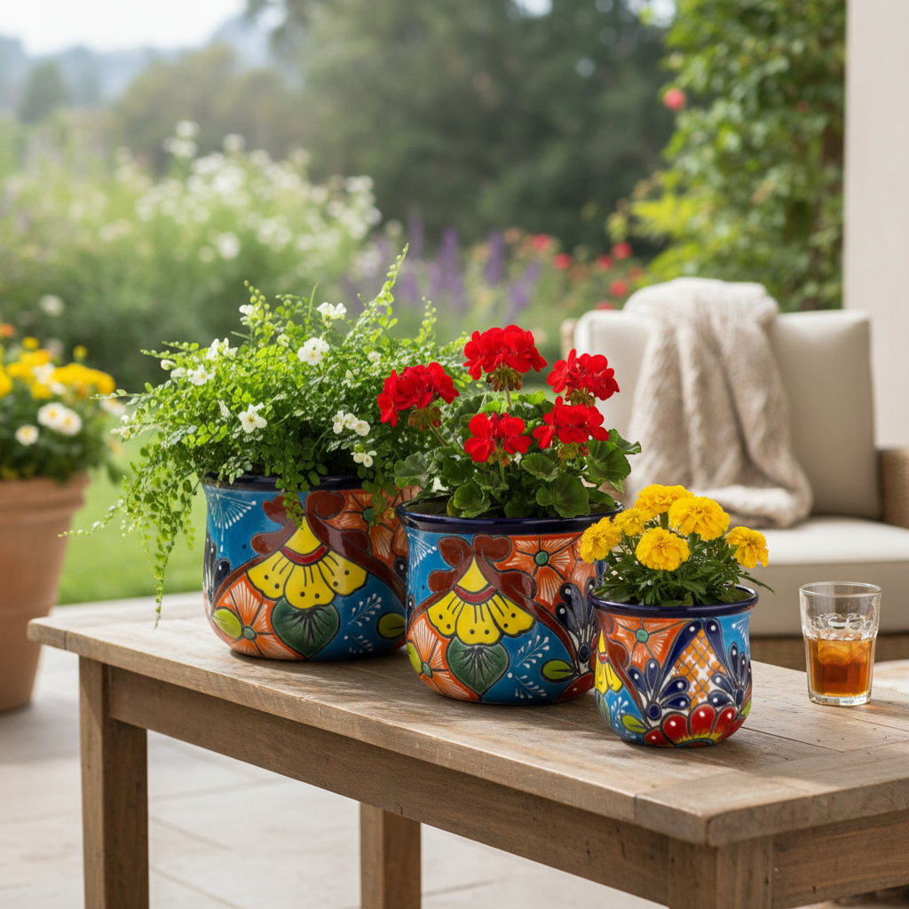Set of 3 Talavera Flower Pots | Colorful Hand - Painted Mexican Planters Talavera Flower Pot La Vie Bien Set of 3 Talavera Flower Pots | Colorful Hand - Painted Mexican Planters