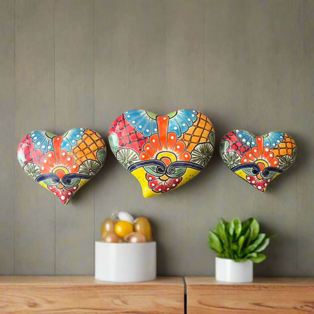 Set of 3 Talavera Heart Wall Hanging | Wall Art Decor Talavera Wall Art La Vie Bien Set of 3 Talavera Heart Wall Hanging | Wall Art Decor