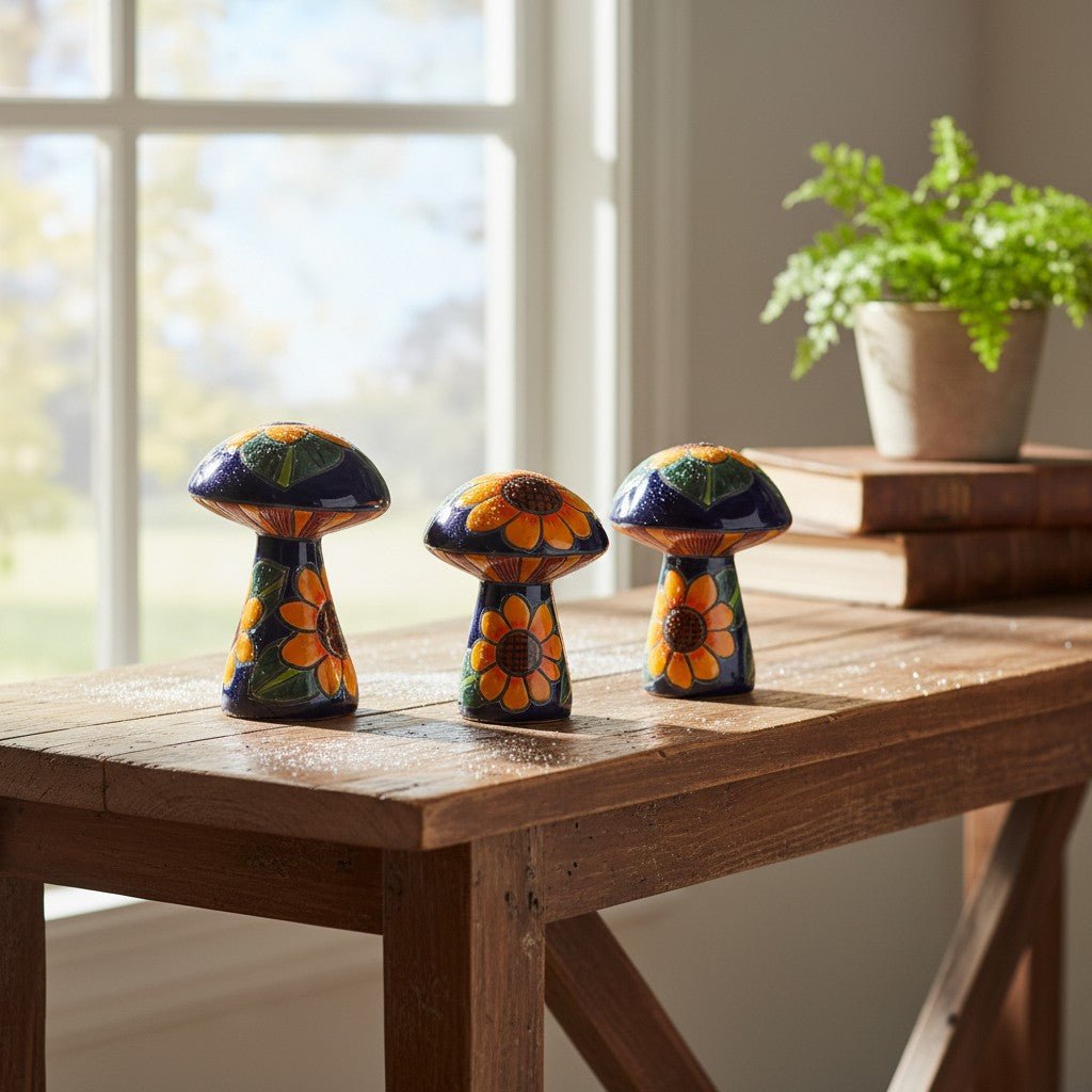 Set of 3 Talavera Mushrooms | Colorful Sunflower Art Talavera Statue La Vie Bien Set of 3 Talavera Mushrooms | Colorful Sunflower Art