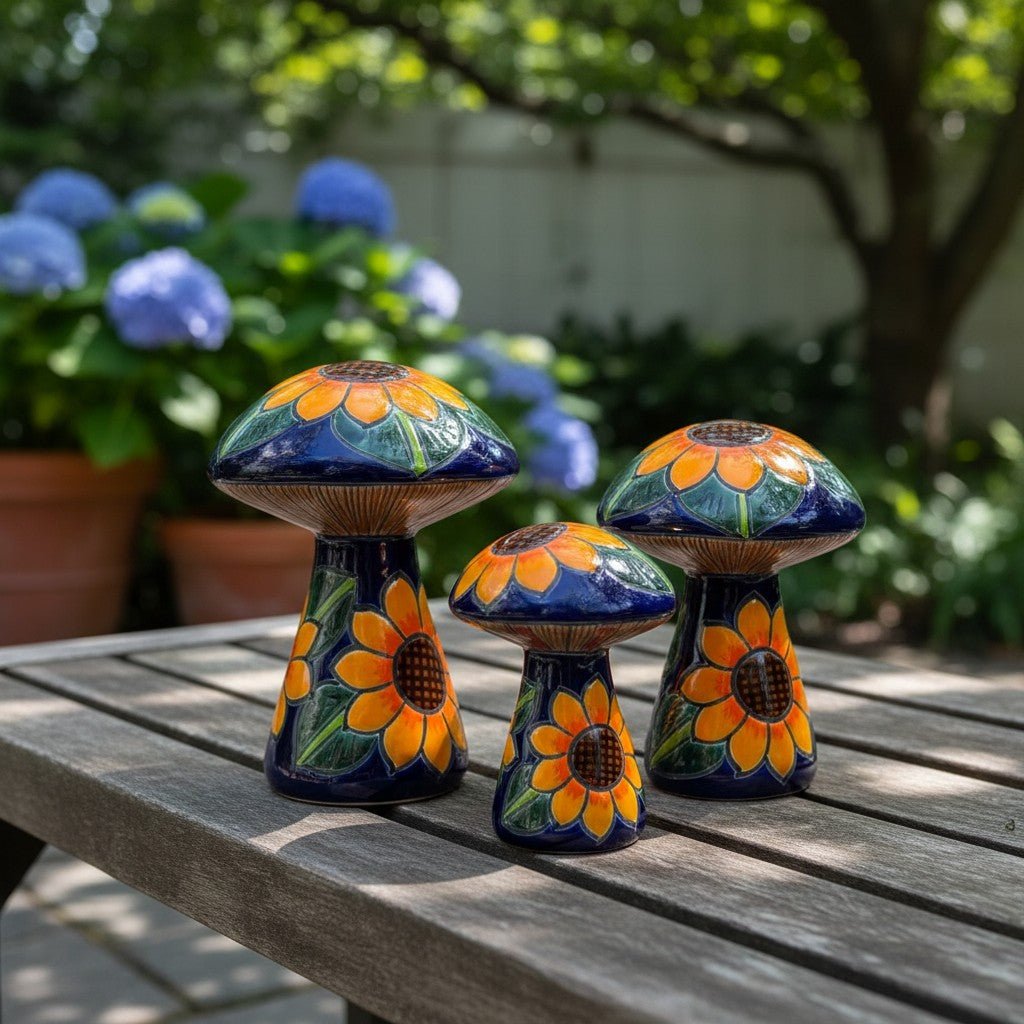 Set of 3 Talavera Mushrooms | Colorful Sunflower Art Talavera Statue La Vie Bien Set of 3 Talavera Mushrooms | Colorful Sunflower Art