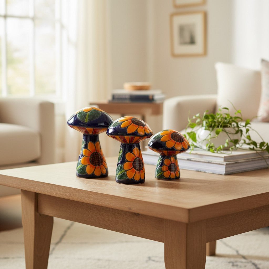 Set of 3 Talavera Mushrooms | Colorful Sunflower Art Talavera Statue La Vie Bien Set of 3 Talavera Mushrooms | Colorful Sunflower Art