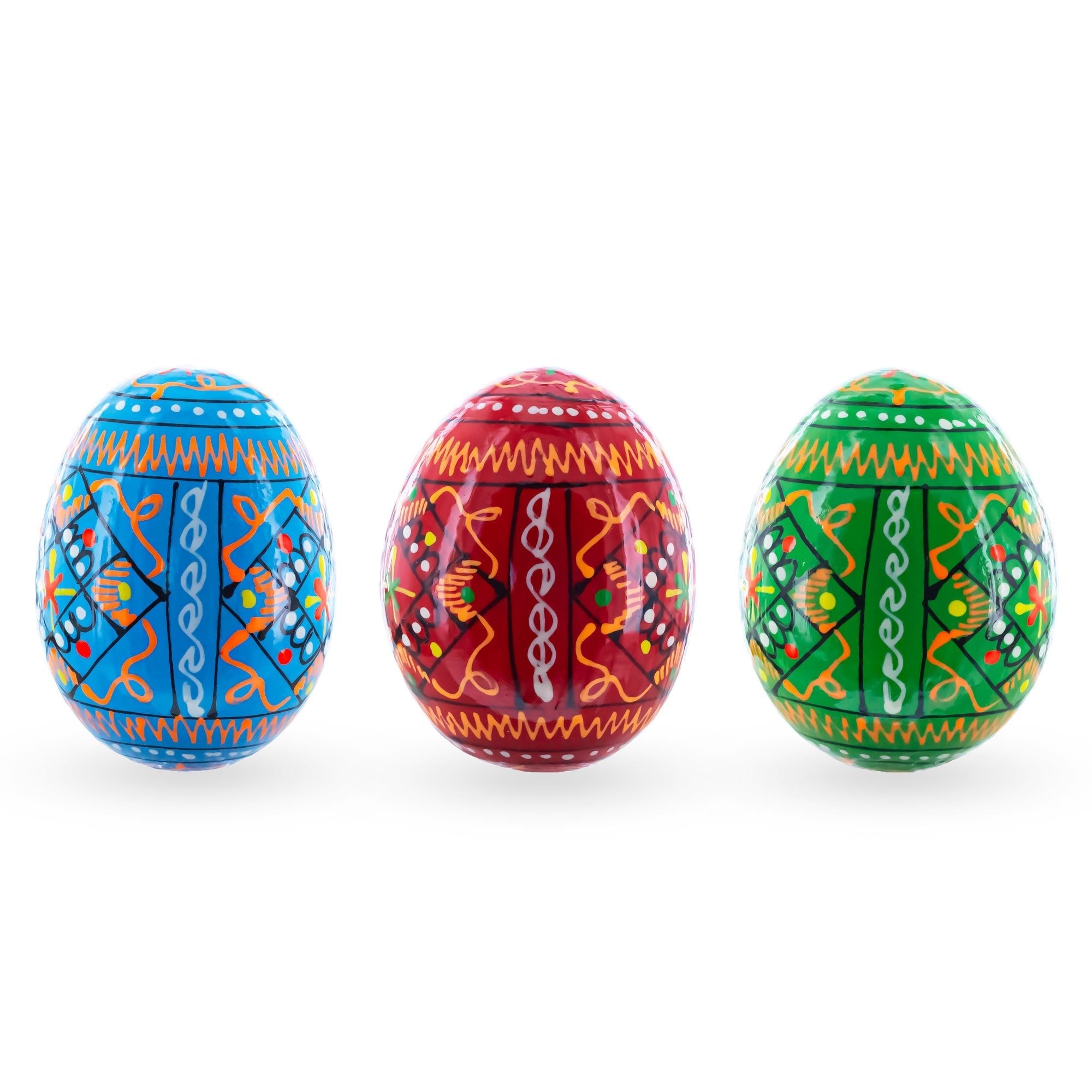 Set of 3 Vibrant Geometric Ukrainian Pysanky Wooden Easter Eggs 2.5 Inches Easter Eggs > Wooden Pysanky Sets La Vie Bien Set of 3 Vibrant Geometric Ukrainian Pysanky Wooden Easter Eggs 2.5 Inches