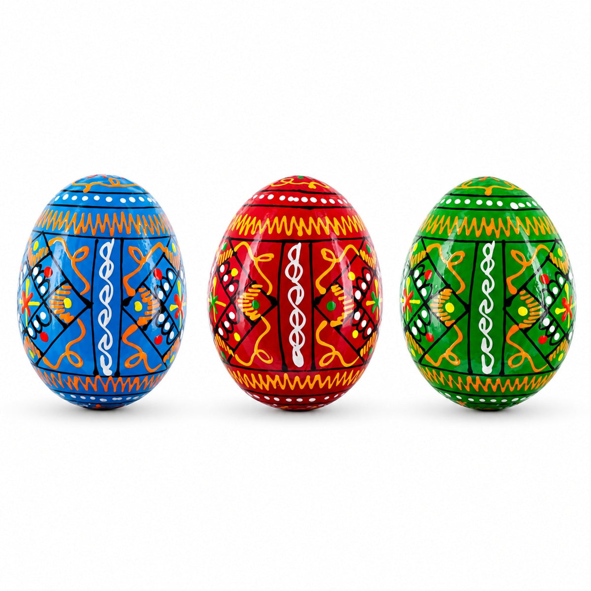 Set of 3 Vibrant Geometric Ukrainian Pysanky Wooden Easter Eggs 2.5 Inches Easter Eggs > Wooden Pysanky Sets La Vie Bien Set of 3 Vibrant Geometric Ukrainian Pysanky Wooden Easter Eggs 2.5 Inches