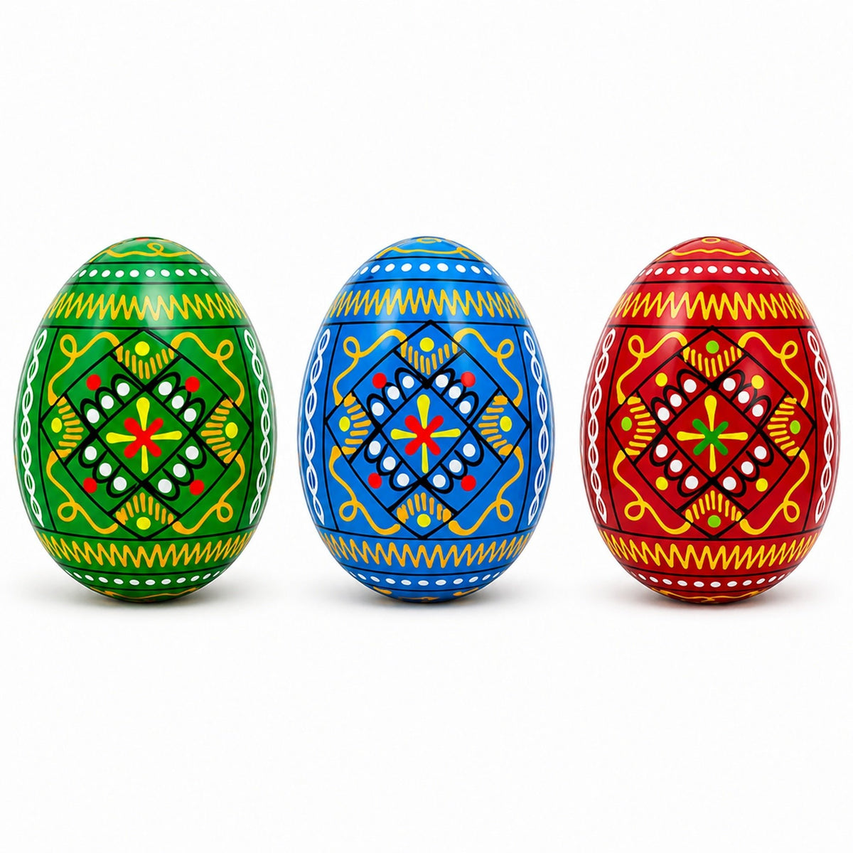Set of 3 Vibrant Geometric Ukrainian Pysanky Wooden Easter Eggs 2.5 Inches Easter Eggs > Wooden Pysanky Sets La Vie Bien Set of 3 Vibrant Geometric Ukrainian Pysanky Wooden Easter Eggs 2.5 Inches