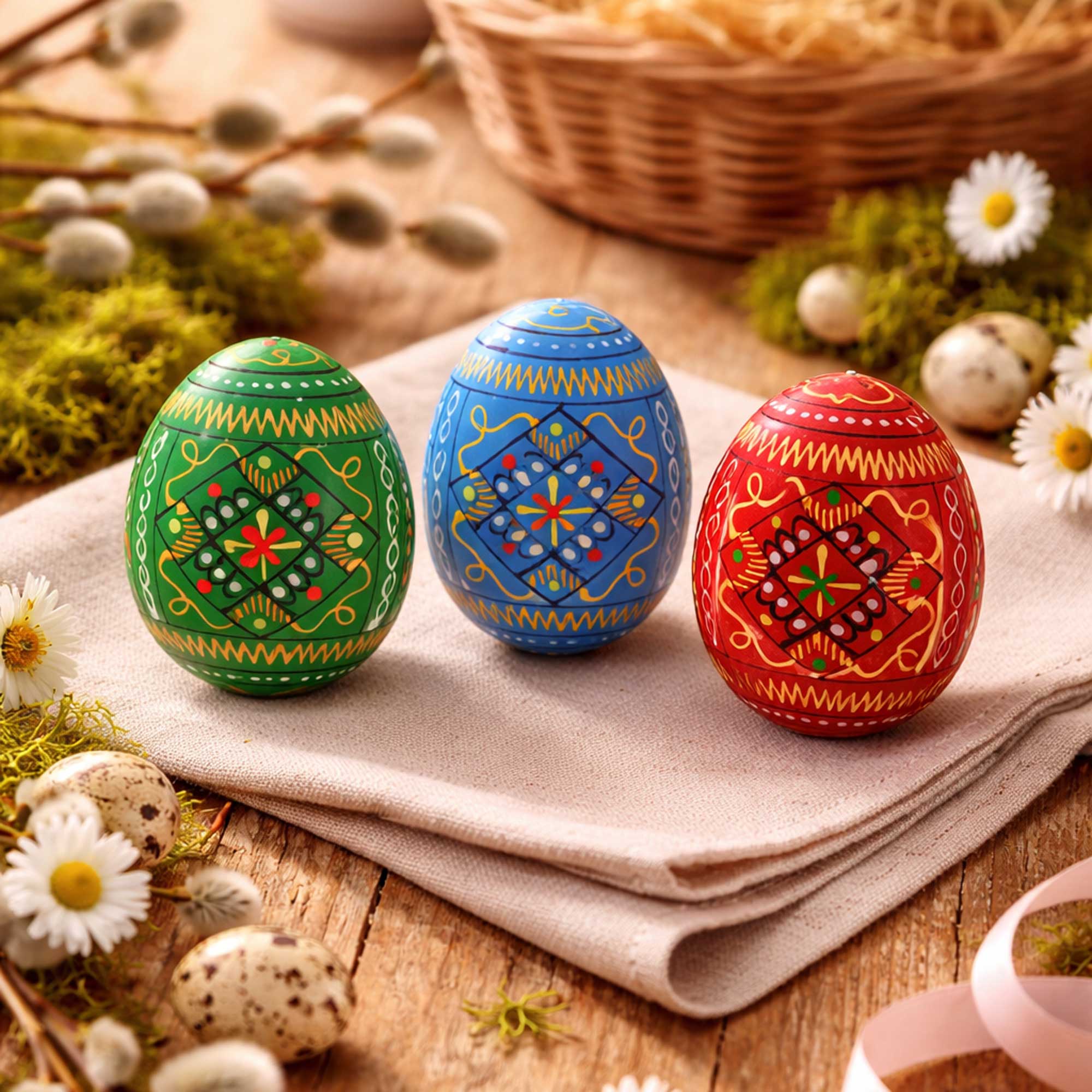 Set of 3 Vibrant Geometric Ukrainian Pysanky Wooden Easter Eggs 2.5 Inches Easter Eggs > Wooden Pysanky Sets La Vie Bien Set of 3 Vibrant Geometric Ukrainian Pysanky Wooden Easter Eggs 2.5 Inches
