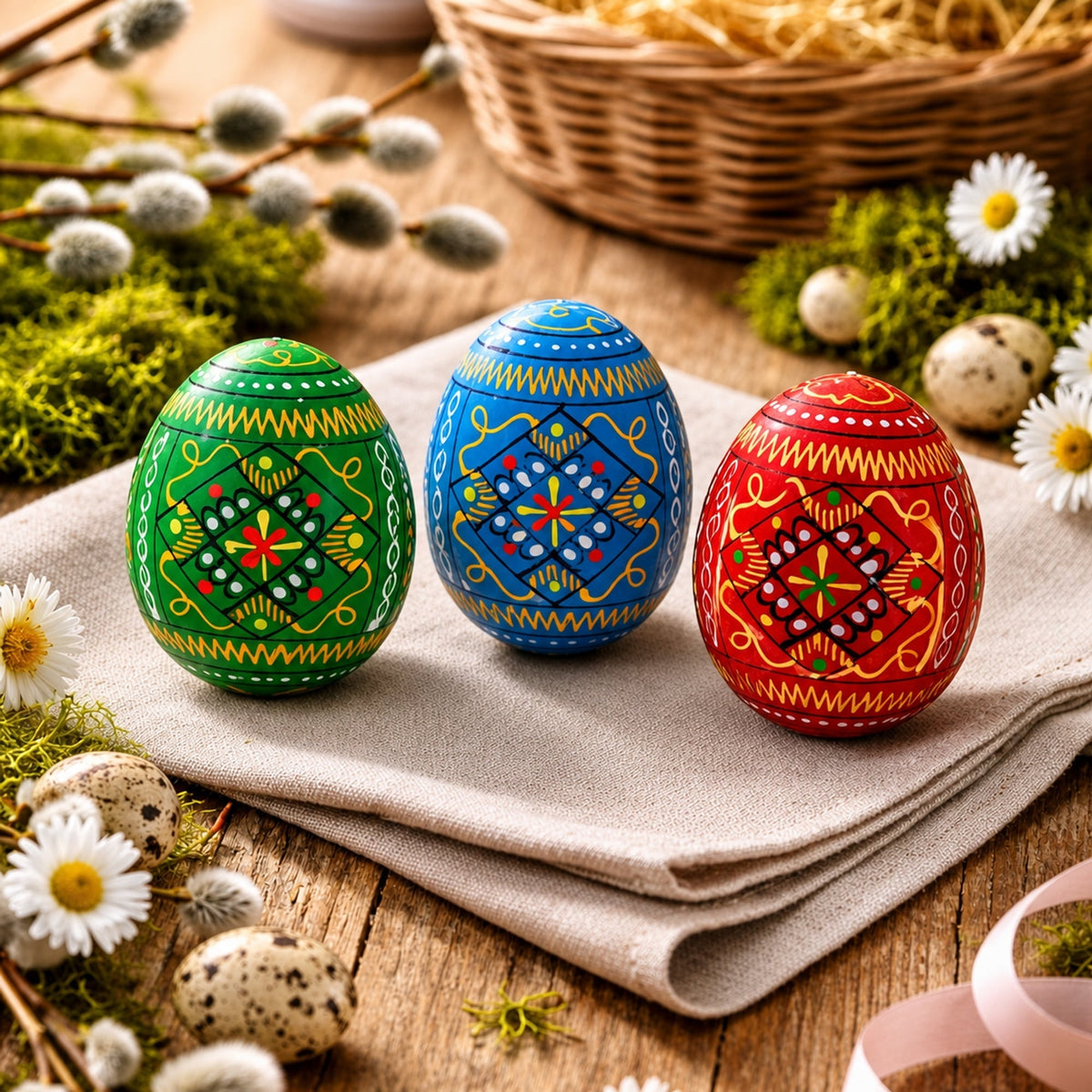 Set of 3 Vibrant Geometric Ukrainian Pysanky Wooden Easter Eggs 2.5 Inches Easter Eggs > Wooden Pysanky Sets La Vie Bien Set of 3 Vibrant Geometric Ukrainian Pysanky Wooden Easter Eggs 2.5 Inches