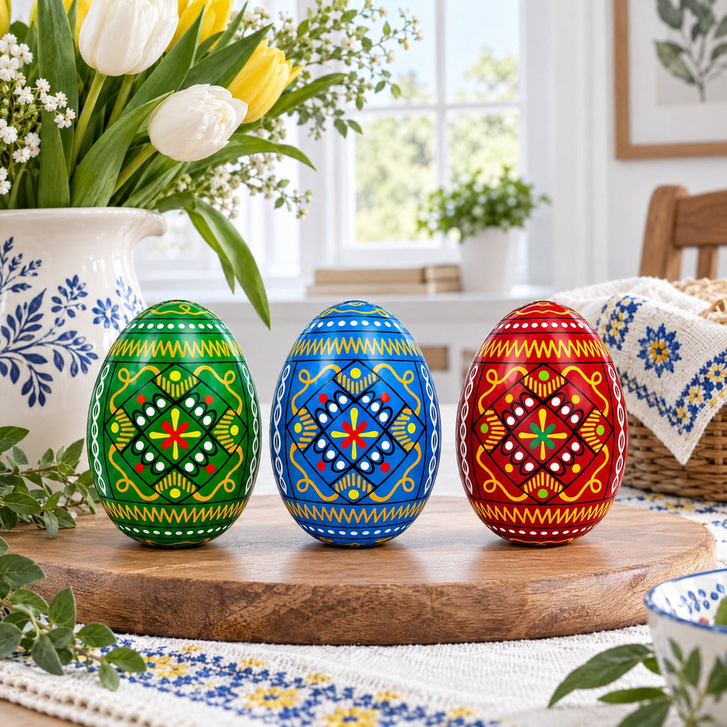 Set of 3 Vibrant Geometric Ukrainian Pysanky Wooden Easter Eggs 2.5 Inches Easter Eggs > Wooden Pysanky Sets La Vie Bien Set of 3 Vibrant Geometric Ukrainian Pysanky Wooden Easter Eggs 2.5 Inches