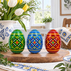 Set of 3 Vibrant Geometric Ukrainian Pysanky Wooden Easter Eggs 2.5 Inches Easter Eggs > Wooden Pysanky Sets La Vie Bien Set of 3 Vibrant Geometric Ukrainian Pysanky Wooden Easter Eggs 2.5 Inches
