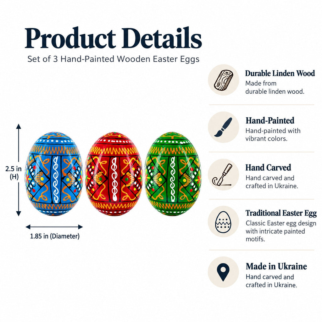 Set of 3 Vibrant Geometric Ukrainian Pysanky Wooden Easter Eggs 2.5 Inches Easter Eggs > Wooden Pysanky Sets La Vie Bien Set of 3 Vibrant Geometric Ukrainian Pysanky Wooden Easter Eggs 2.5 Inches