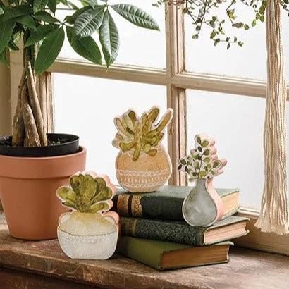 Set of 3 Wooden Succulents Freestanding Plant Decor by The Bullish Store
