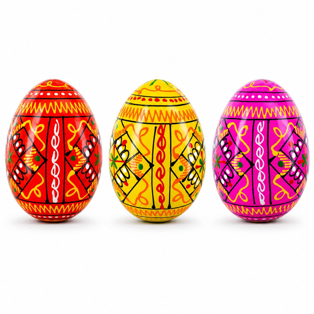 Set of 3 Yellow, Pink, Orange Geometric Ukrainian Pysanky Wooden Easter Eggs 2.5 Inches Easter Eggs > Wooden Pysanky Sets La Vie Bien Set of 3 Yellow, Pink, Orange Geometric Ukrainian Pysanky Wooden Easter Eggs 2.5 Inches