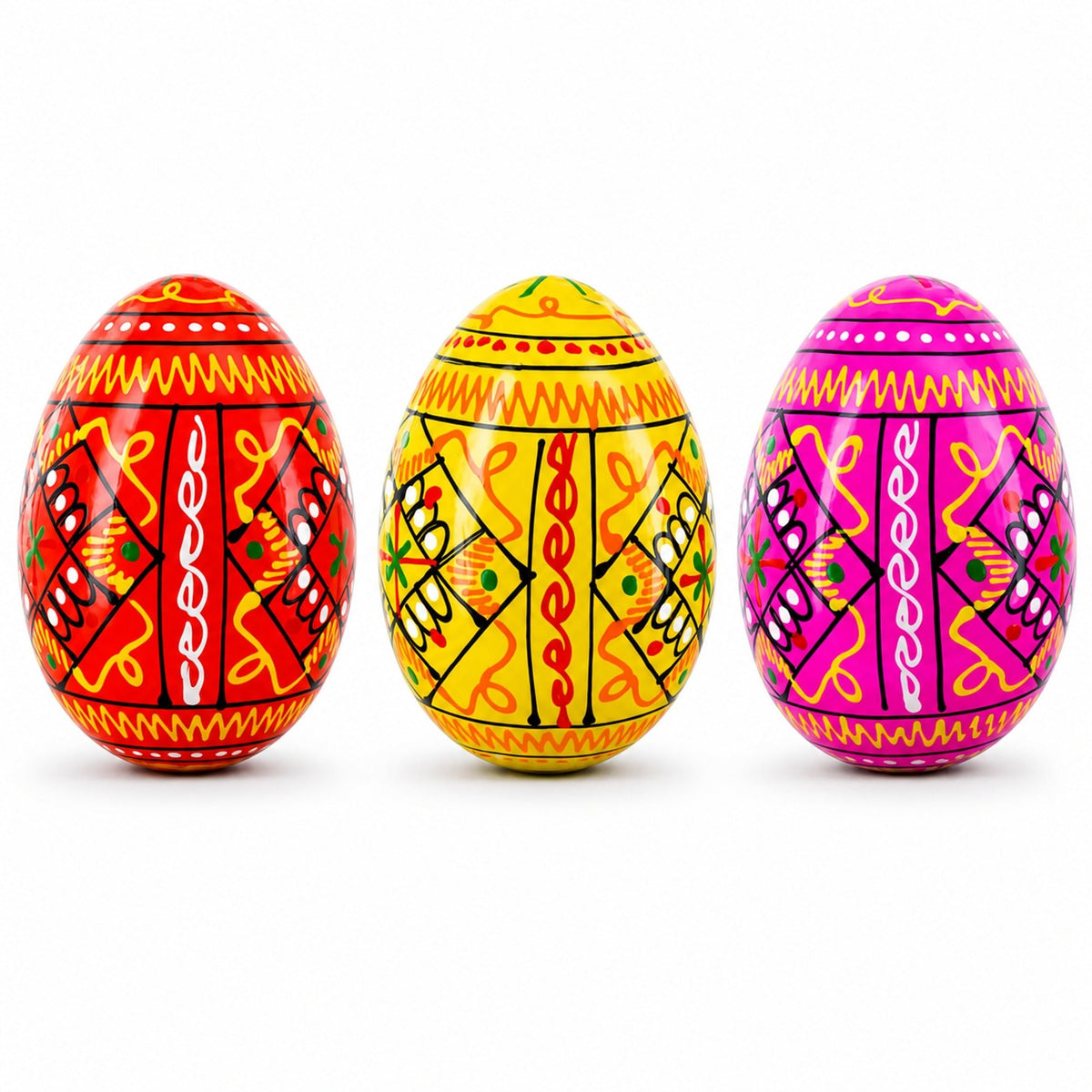 Set of 3 Yellow, Pink, Orange Geometric Ukrainian Pysanky Wooden Easter Eggs 2.5 Inches Easter Eggs > Wooden Pysanky Sets La Vie Bien Set of 3 Yellow, Pink, Orange Geometric Ukrainian Pysanky Wooden Easter Eggs 2.5 Inches