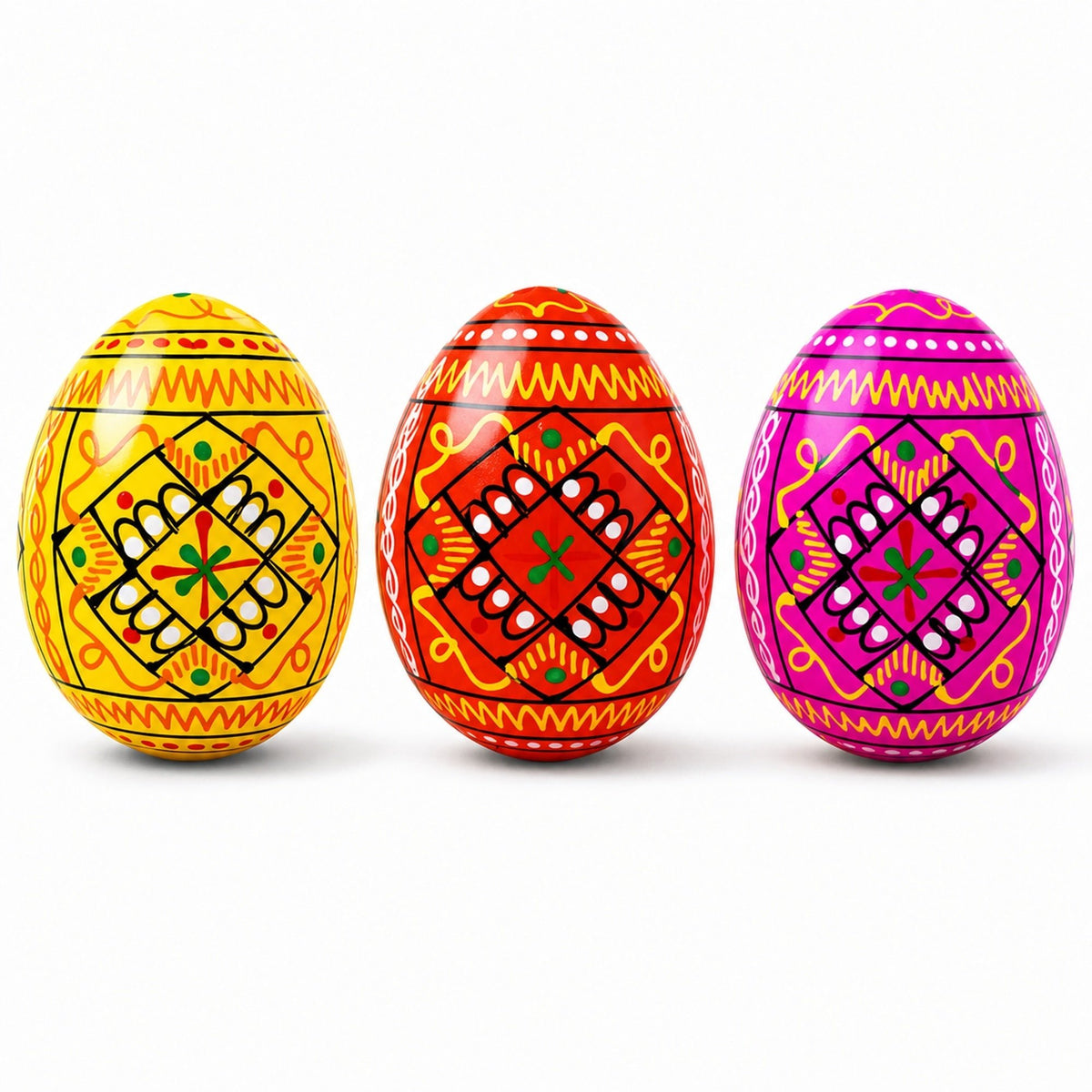 Set of 3 Yellow, Pink, Orange Geometric Ukrainian Pysanky Wooden Easter Eggs 2.5 Inches Easter Eggs > Wooden Pysanky Sets La Vie Bien Set of 3 Yellow, Pink, Orange Geometric Ukrainian Pysanky Wooden Easter Eggs 2.5 Inches
