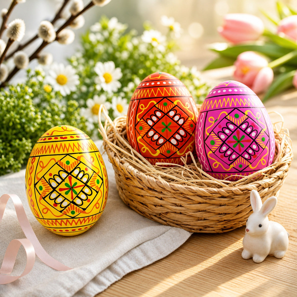 Set of 3 Yellow, Pink, Orange Geometric Ukrainian Pysanky Wooden Easter Eggs 2.5 Inches Easter Eggs > Wooden Pysanky Sets La Vie Bien Set of 3 Yellow, Pink, Orange Geometric Ukrainian Pysanky Wooden Easter Eggs 2.5 Inches