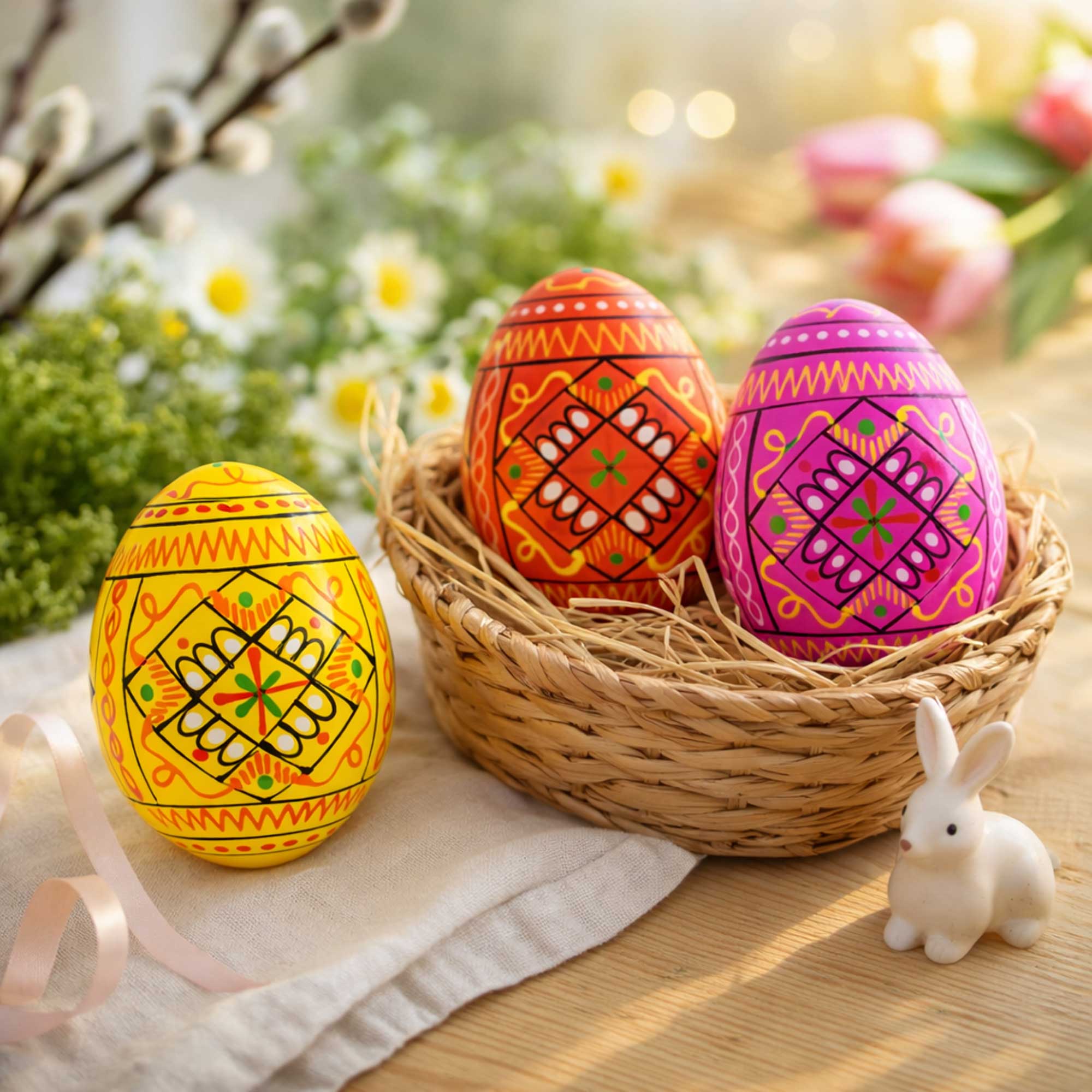Set of 3 Yellow, Pink, Orange Geometric Ukrainian Pysanky Wooden Easter Eggs 2.5 Inches Easter Eggs > Wooden Pysanky Sets La Vie Bien Set of 3 Yellow, Pink, Orange Geometric Ukrainian Pysanky Wooden Easter Eggs 2.5 Inches