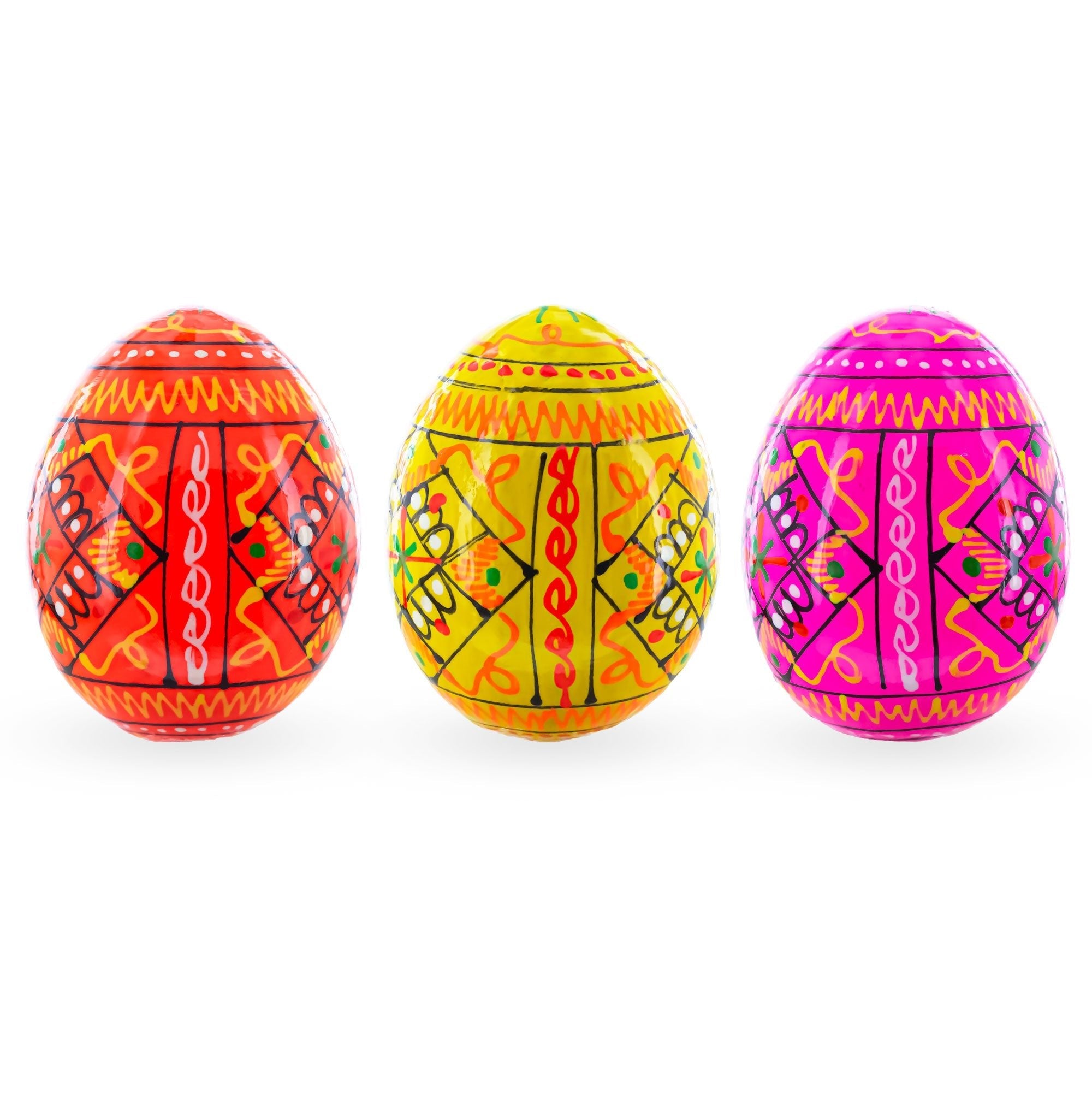 Set of 3 Yellow, Pink, Orange Geometric Ukrainian Pysanky Wooden Easter Eggs 2.5 Inches Easter Eggs > Wooden Pysanky Sets La Vie Bien Set of 3 Yellow, Pink, Orange Geometric Ukrainian Pysanky Wooden Easter Eggs 2.5 Inches