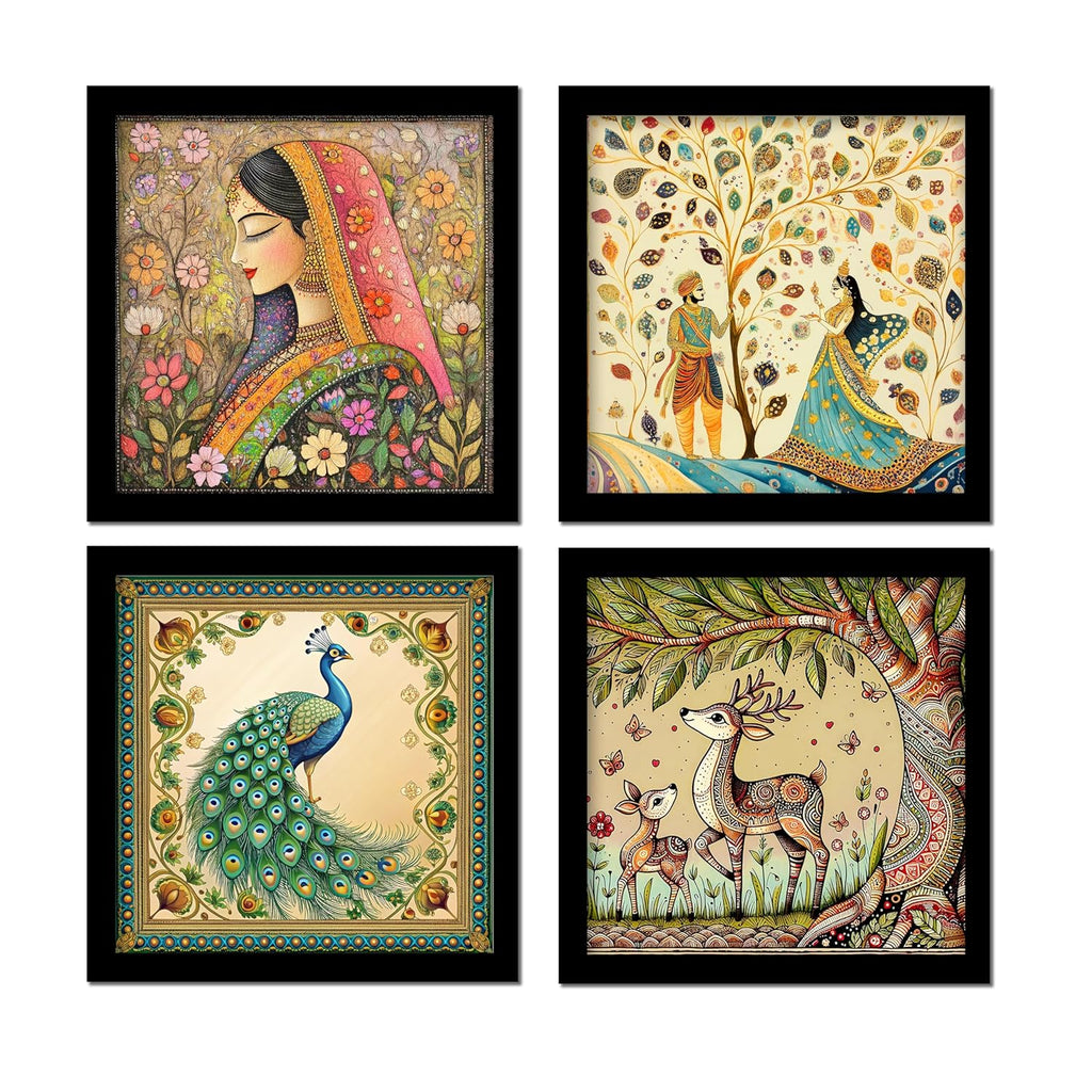Set of 4 Art Framed Painting For Home, Living Room, Hall | Traditional Rajasthani Pichwai Art Paintings With Frame For Home Decor La Vie Bien Set of 4 Art Framed Painting For Home, Living Room, Hall | Traditional Rajasthani Pichwai Art Paintings With Frame For Home Decor