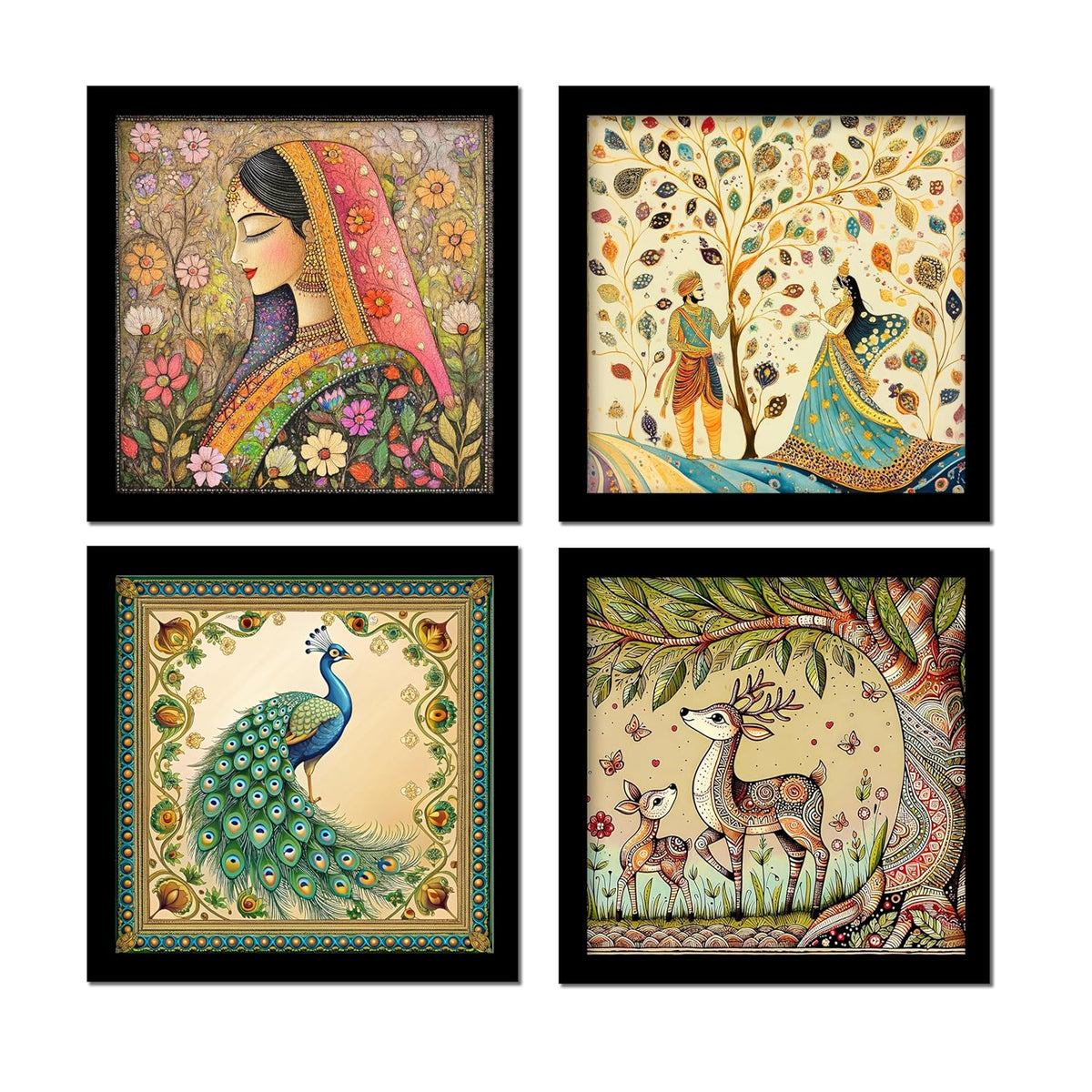 Set of 4 Art Framed Painting For Home, Living Room, Hall | Traditional Rajasthani Pichwai Art Paintings With Frame For Home Decor La Vie Bien Set of 4 Art Framed Painting For Home, Living Room, Hall | Traditional Rajasthani Pichwai Art Paintings With Frame For Home Decor