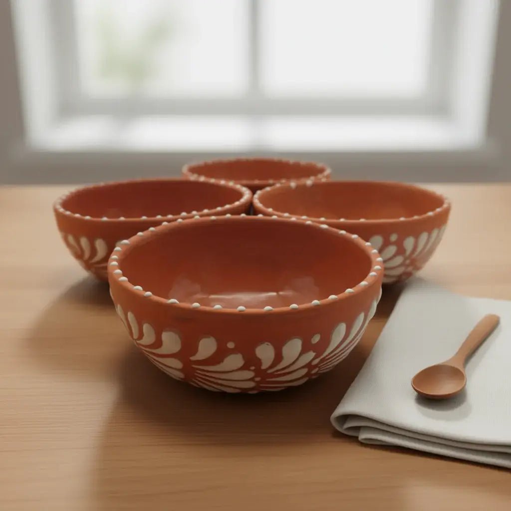 Set of 4 Handmade Brown & White Talavera Bowls | Artisan Dinnerware Talavera Bowl La Vie Bien Set of 4 Handmade Brown & White Talavera Bowls | Artisan Dinnerware