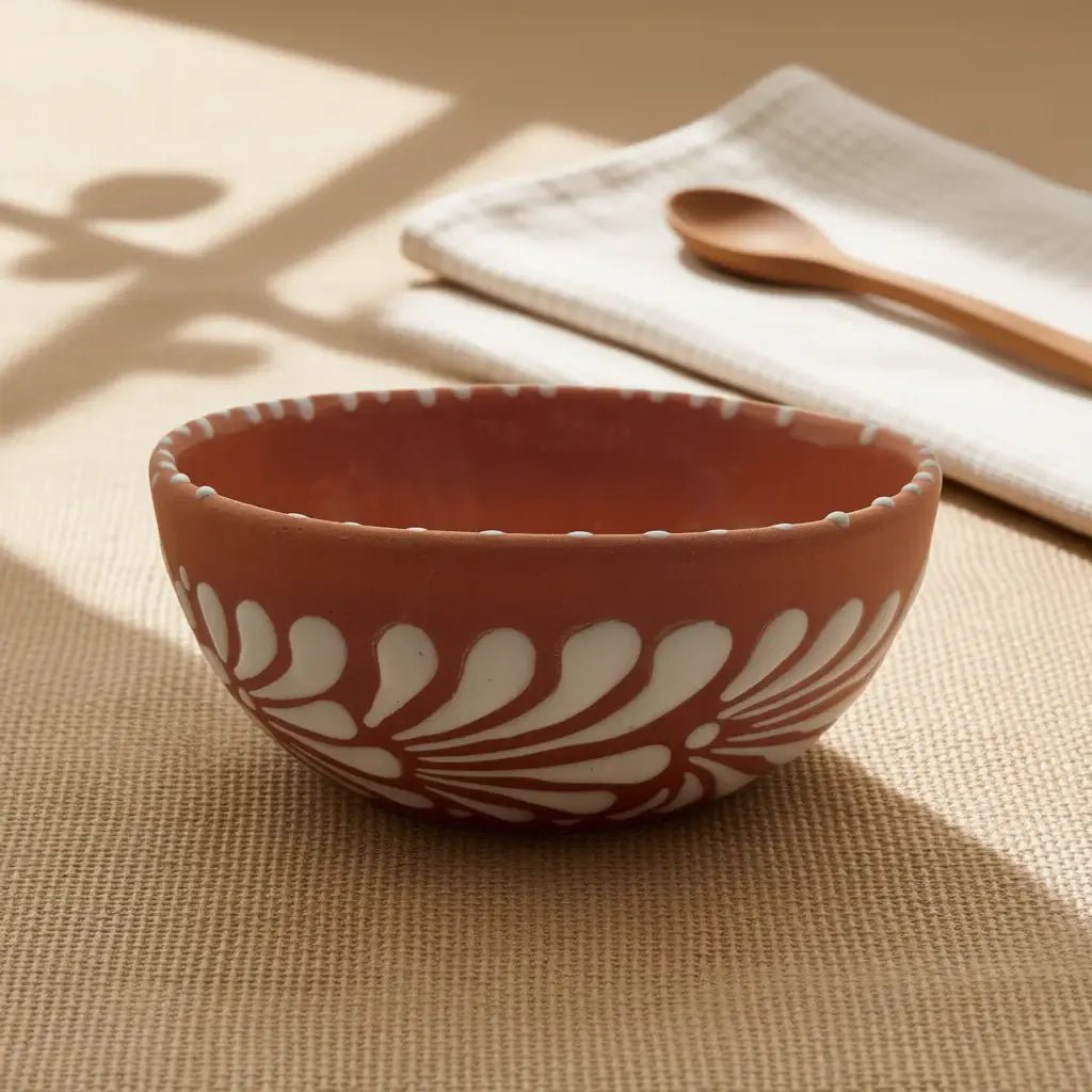 Set of 4 Handmade Brown & White Talavera Bowls | Artisan Dinnerware Talavera Bowl La Vie Bien Set of 4 Handmade Brown & White Talavera Bowls | Artisan Dinnerware