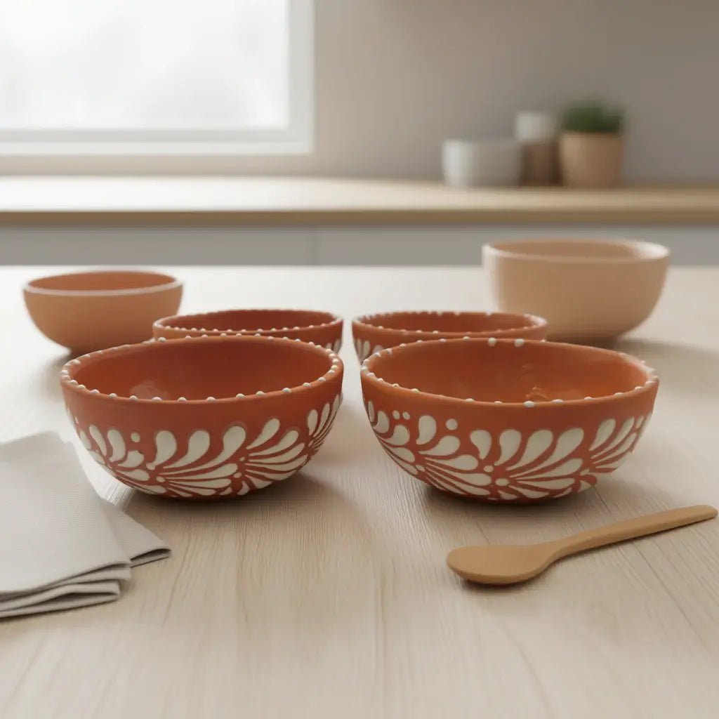 Set of 4 Handmade Brown & White Talavera Bowls | Artisan Dinnerware Talavera Bowl La Vie Bien Set of 4 Handmade Brown & White Talavera Bowls | Artisan Dinnerware