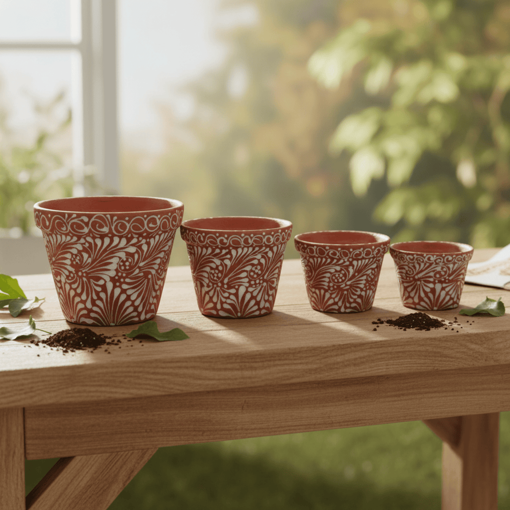 Set of 4 Talavera Flower Pots | Brown & White Terracotta Planters Talavera Flower Pot La Vie Bien Set of 4 Talavera Flower Pots | Brown & White Terracotta Planters