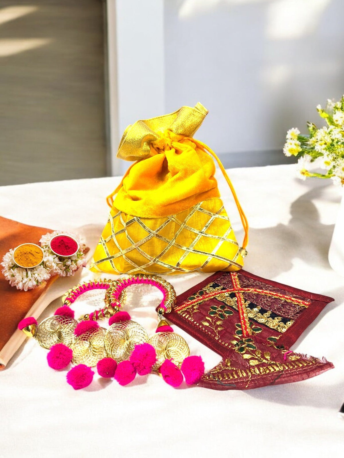 Set of 5 - Ready to give Combo includes One Adjustable Spiral Design Bangle Pair & One Fabric Kite in Velvet Potli Gift Bag for Makar Sankrant Haldi Kumkum Ceremony Favors & Return Gifts La Vie Bien Set of 5 - Ready to give Combo includes One Adjustable Spiral Design Bangle Pair & One Fabric Kite in Velvet Potli Gift Bag for Makar Sankrant Haldi Kumkum Ceremony