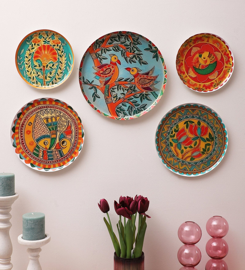 Set of 5 - Round Metal & Meena Wall Plates La Vie Bien Set of 5 - Round Metal & Meena Wall Plates