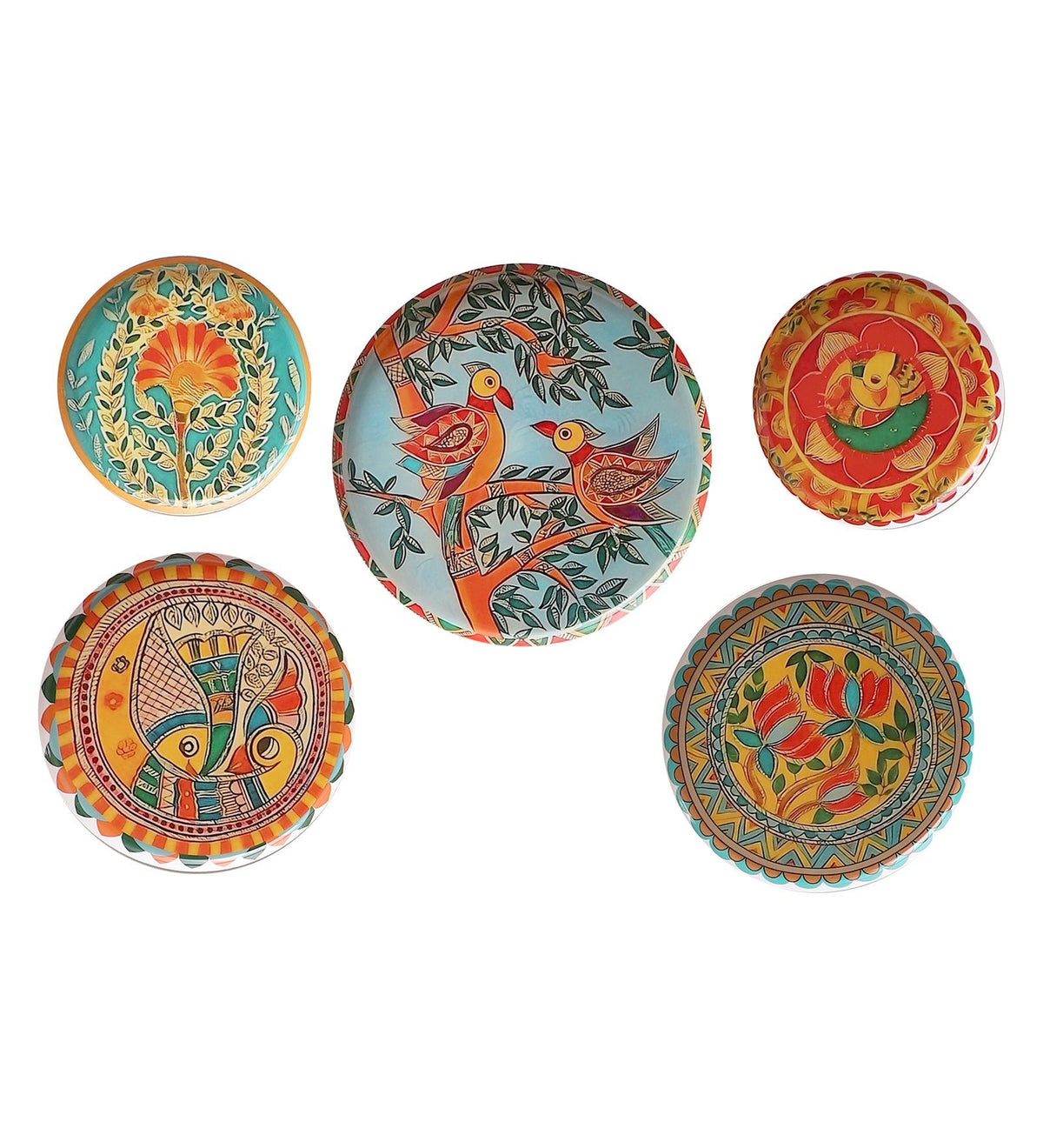 Set of 5 - Round Metal & Meena Wall Plates La Vie Bien Set of 5 - Round Metal & Meena Wall Plates